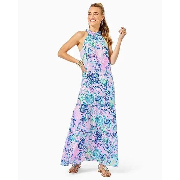 Lilly Pulitzer Dresses & Skirts - Lilly Pulitzer Everly Maxi Dress Mermaid Halter Ruffle Pink Sleeveless Size XL